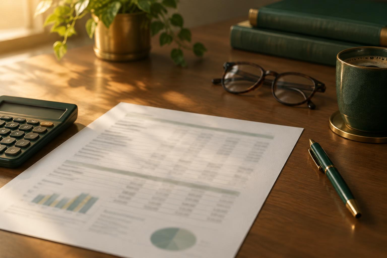 A desk with a printed statement, a calculator, reading glasses and a cup of coffee