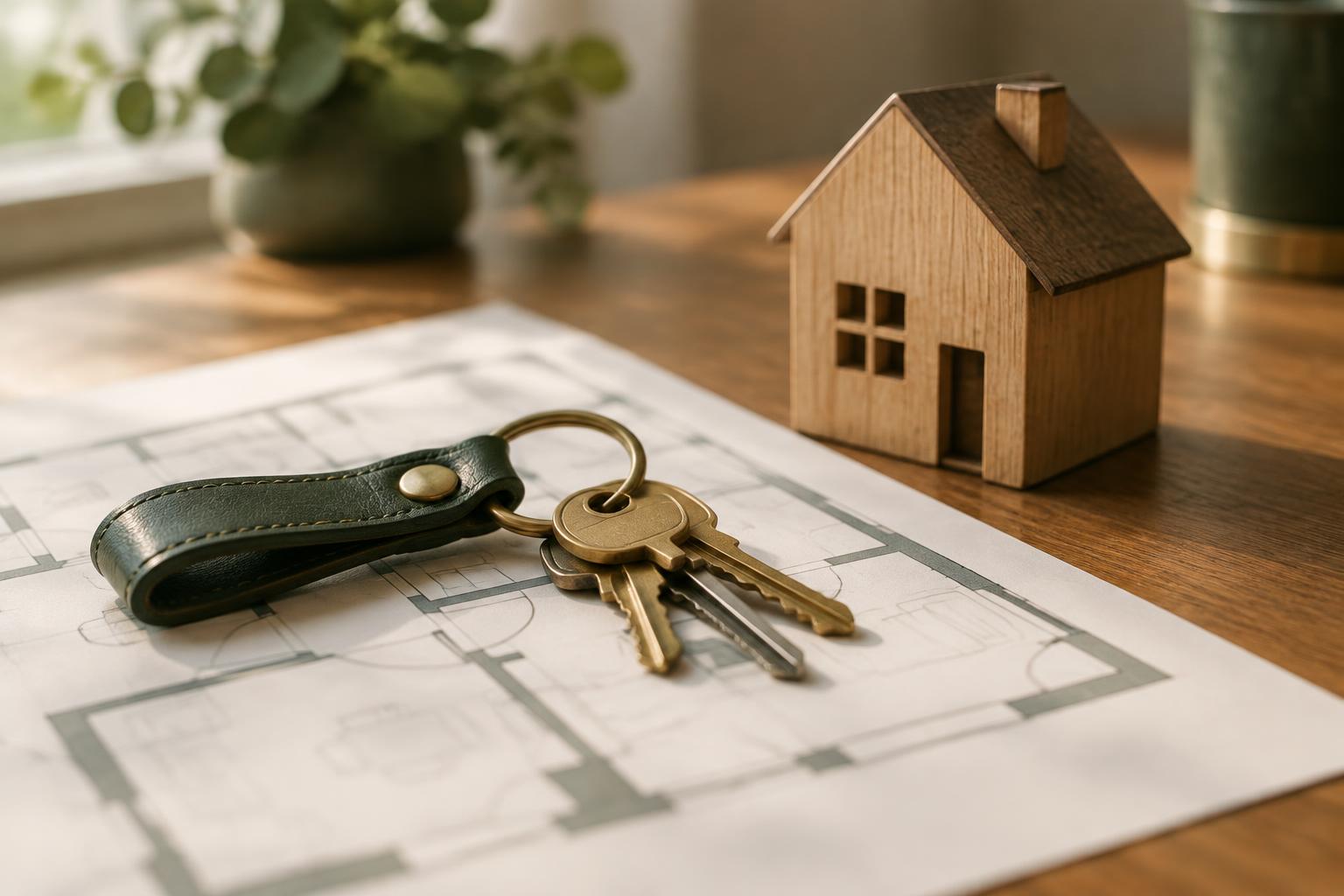 House keys on a leather keyring resting on an architectural floor plan beside a model house